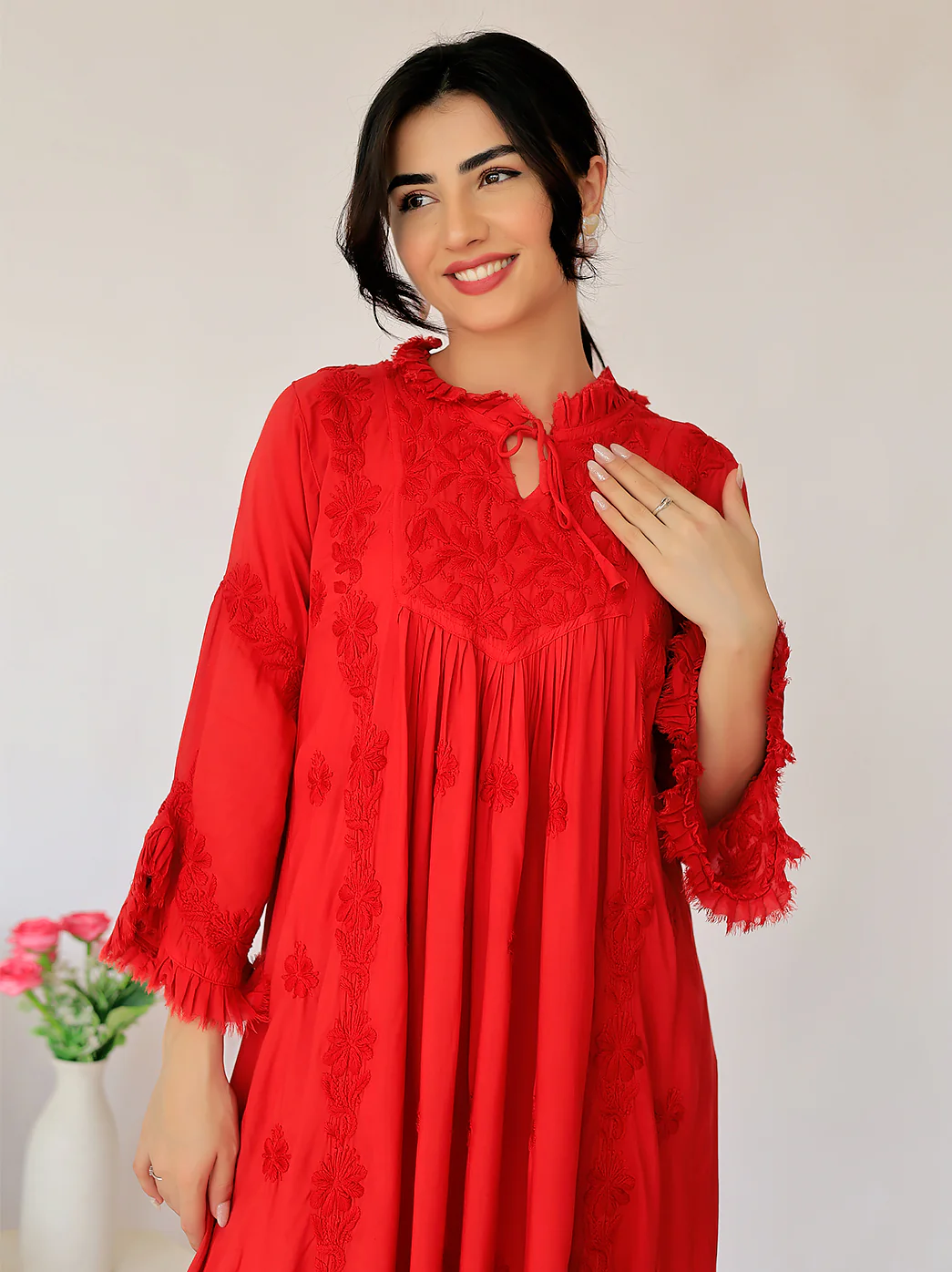 Red Zahrah Muslin Chikankari Jhalar Yok Anarkali - Image 6