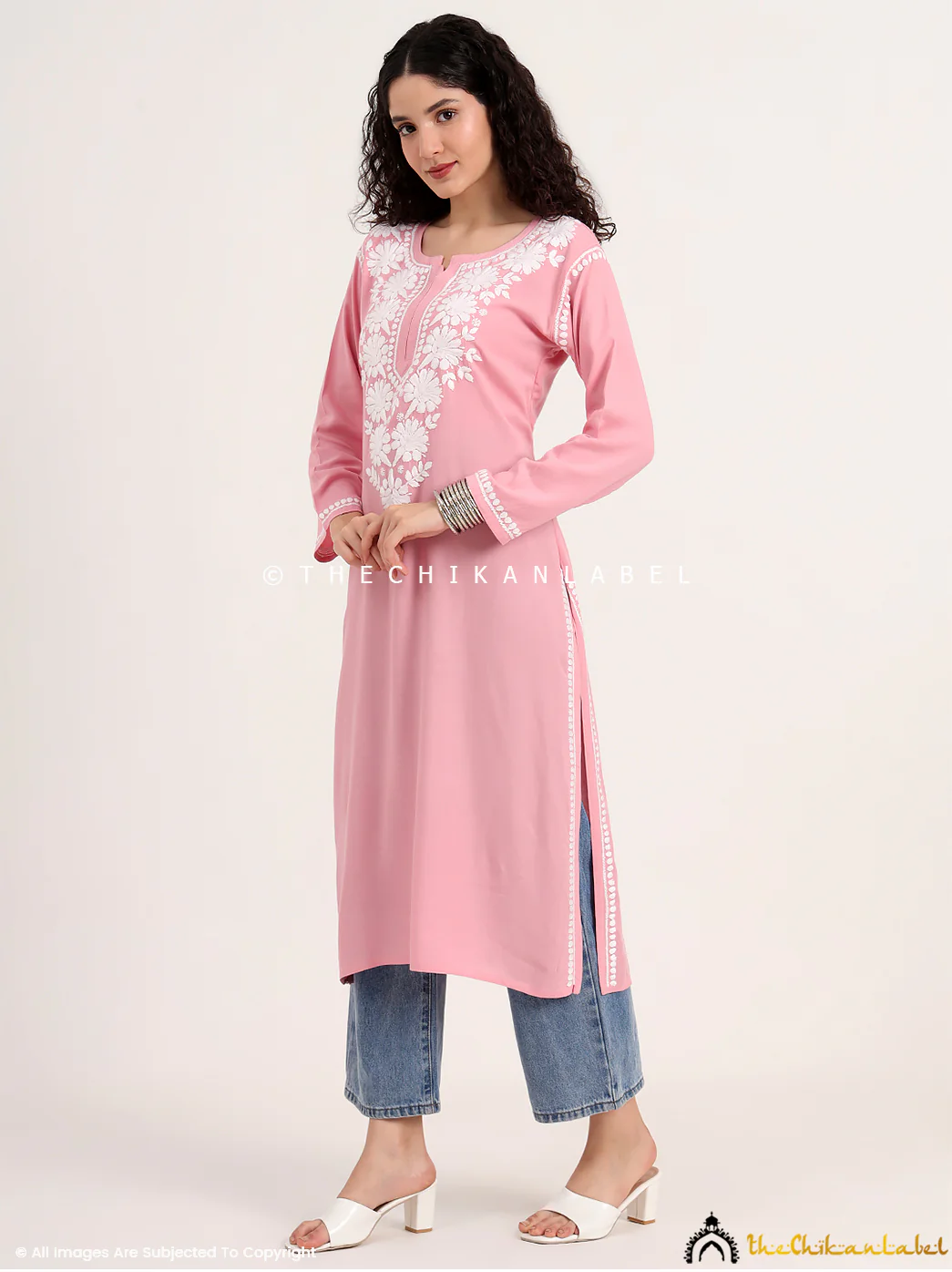 Sabreen Rayon Chikankari Straight Kurti - Rose Pink - Image 4