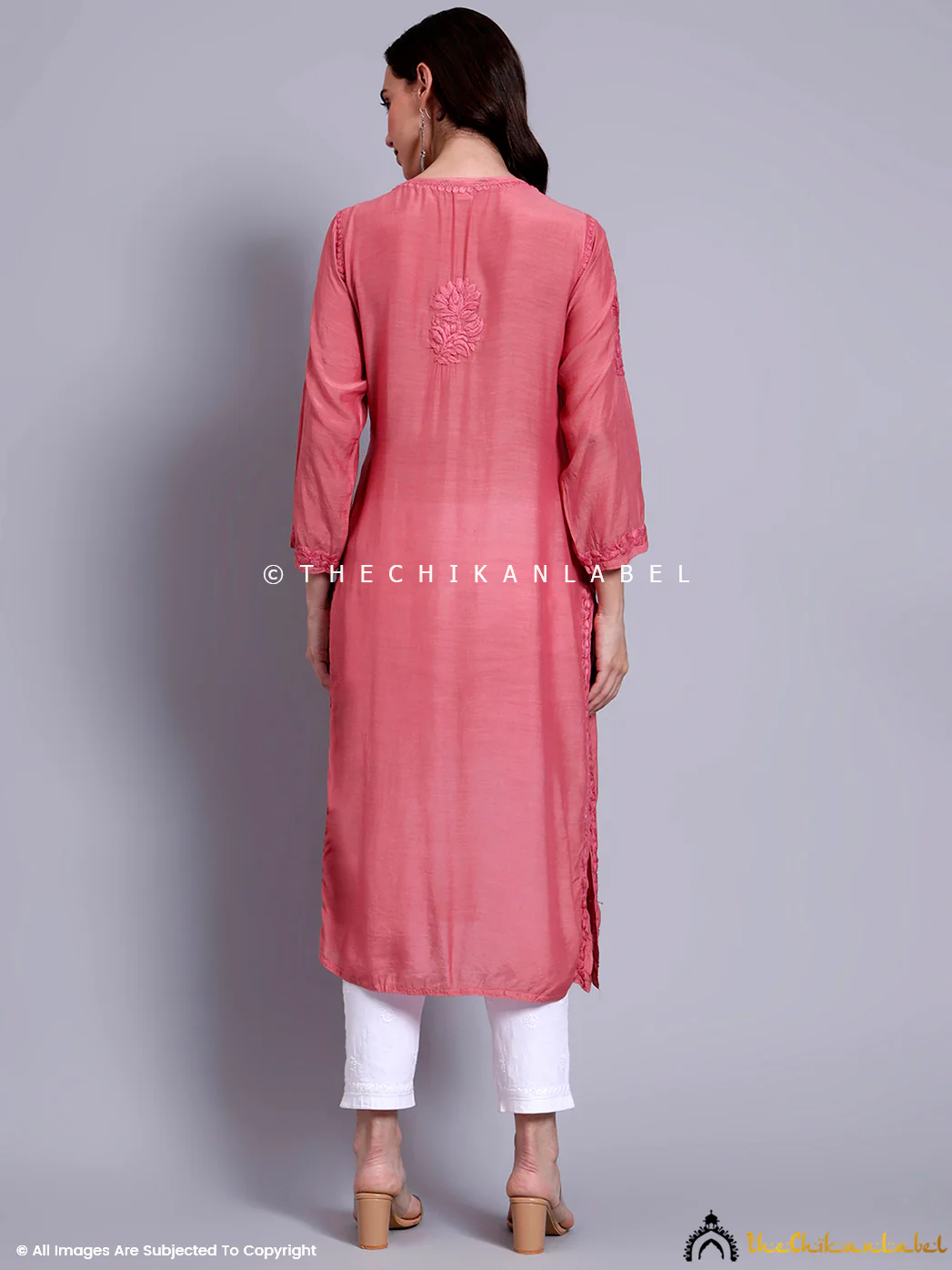 Sama Muslin Chikankari Straight Kurti - Rose Pink - Image 3