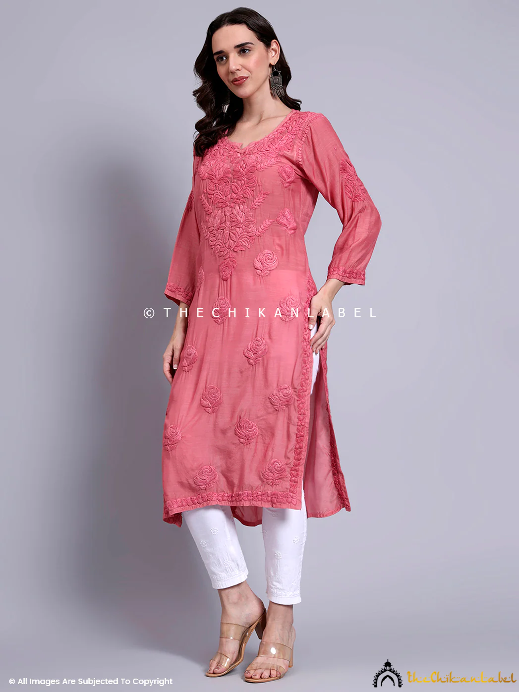 Sama Muslin Chikankari Straight Kurti - Rose Pink - Image 4