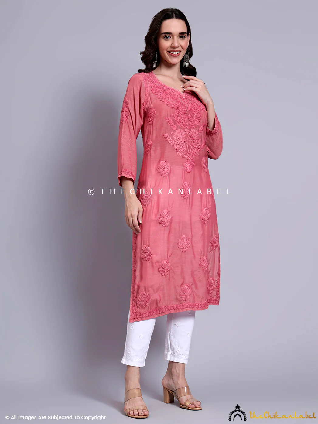 Sama Muslin Chikankari Straight Kurti - Rose Pink - Image 5