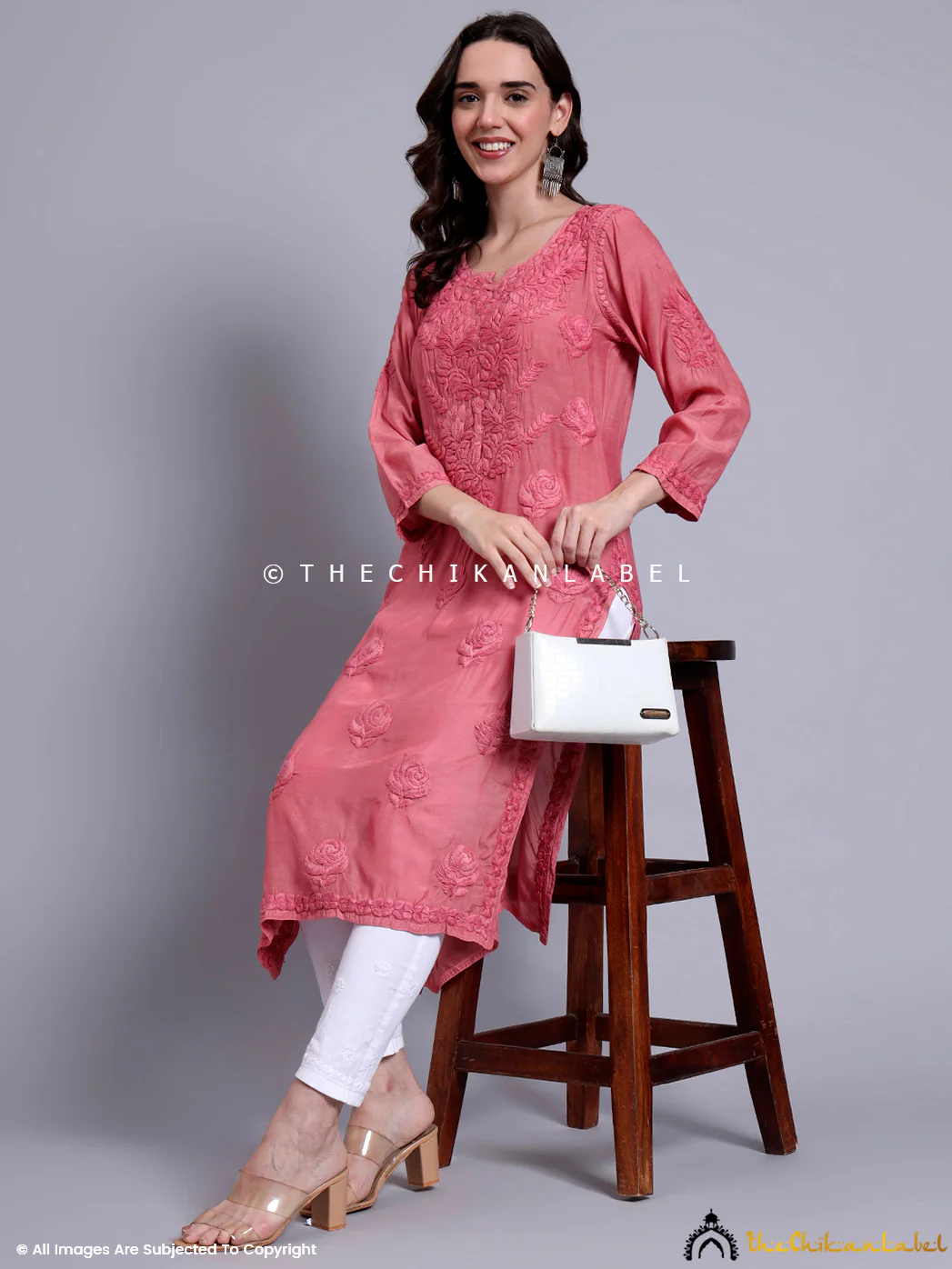 Sama Muslin Chikankari Straight Kurti - Rose Pink - Image 6
