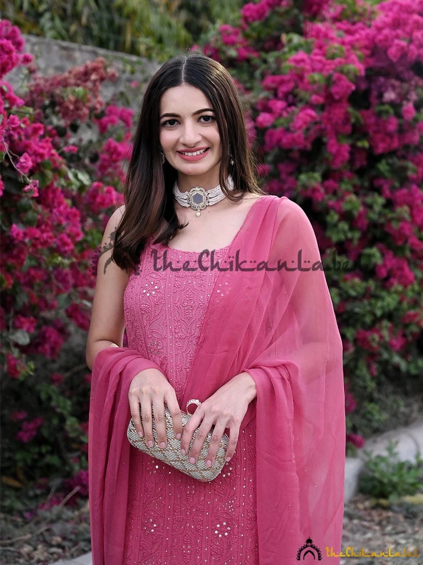 Sukoon Viscose Chikankari Strappy Kurta Set with Dupatta - Rose Pink - Image 2