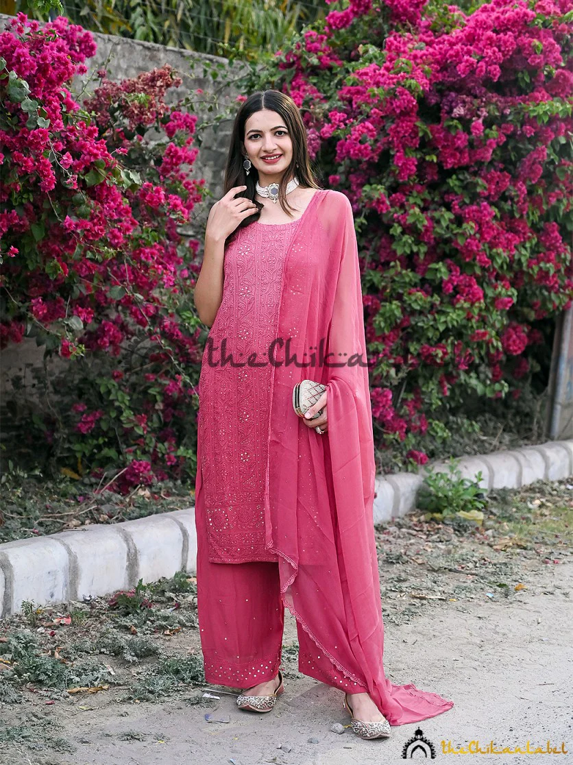 Sukoon Viscose Chikankari Strappy Kurta Set with Dupatta - Rose Pink - Image 4