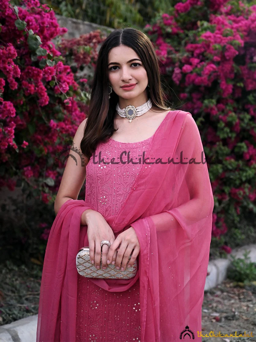 Sukoon Viscose Chikankari Strappy Kurta Set with Dupatta - Rose Pink - Image 5