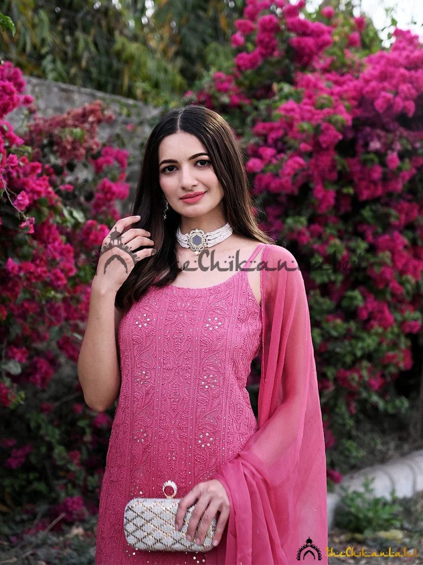 Sukoon Viscose Chikankari Strappy Kurta Set with Dupatta - Rose Pink - Image 6