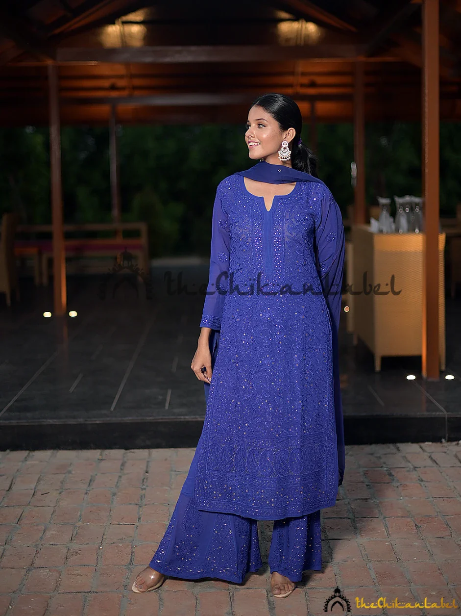 Tara Viscose Chikankari Kurta Set with Dupatta - Royal Blue - Image 3