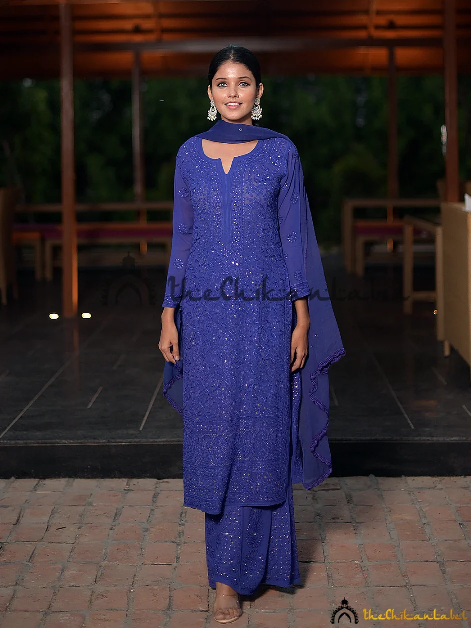 Tara Viscose Chikankari Kurta Set with Dupatta - Royal Blue - Image 4