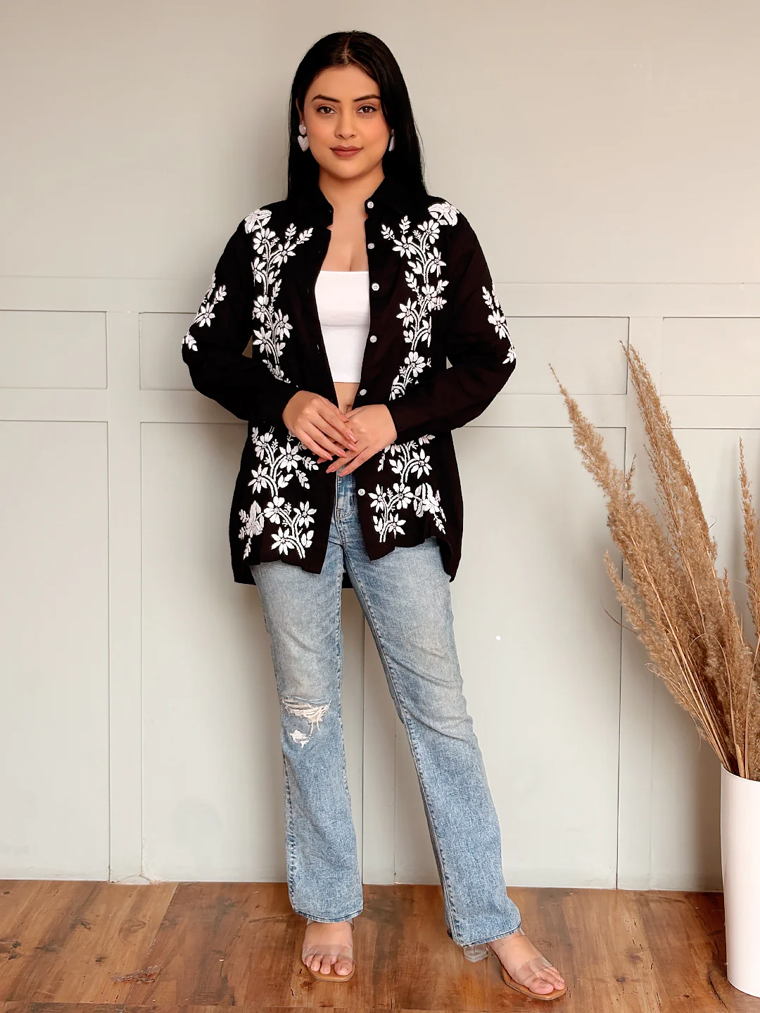 Rubi Cotton Chikankari Shirt - Black - Image 3
