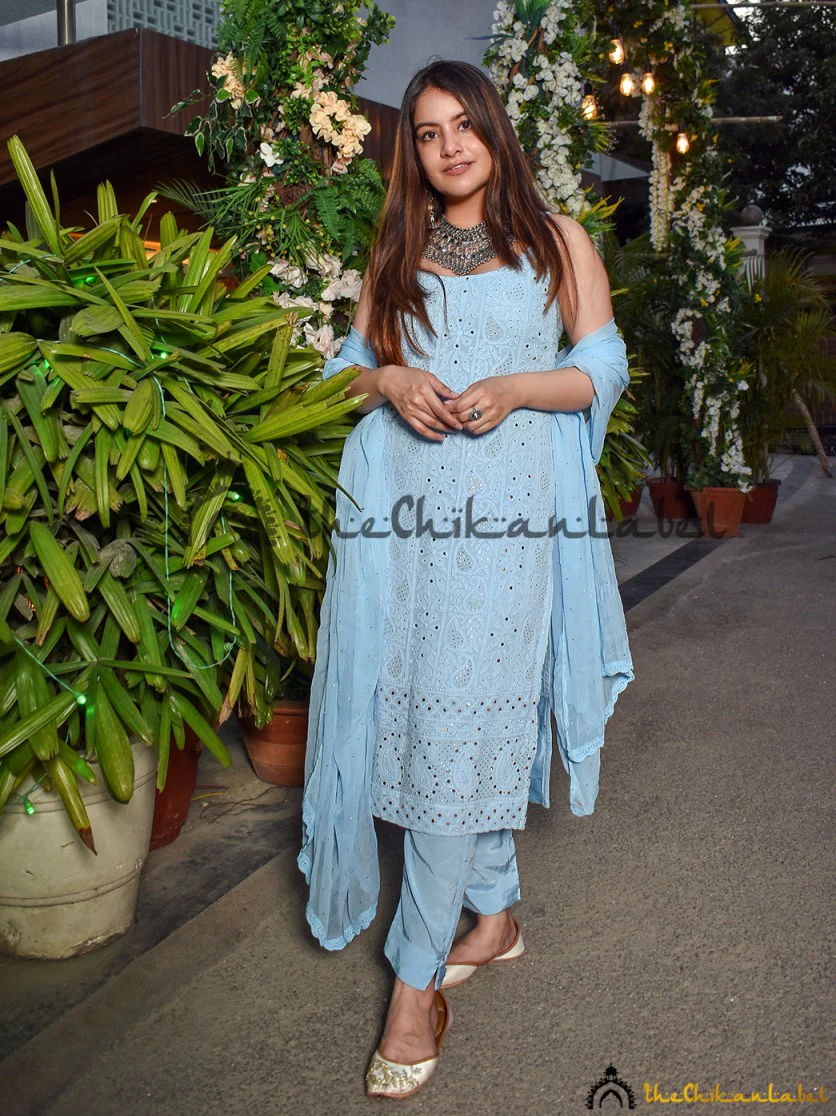 Rubina Dilaik Sukoon Viscose Chikankari Strappy Kurta Set - Powder Blue - Image 5