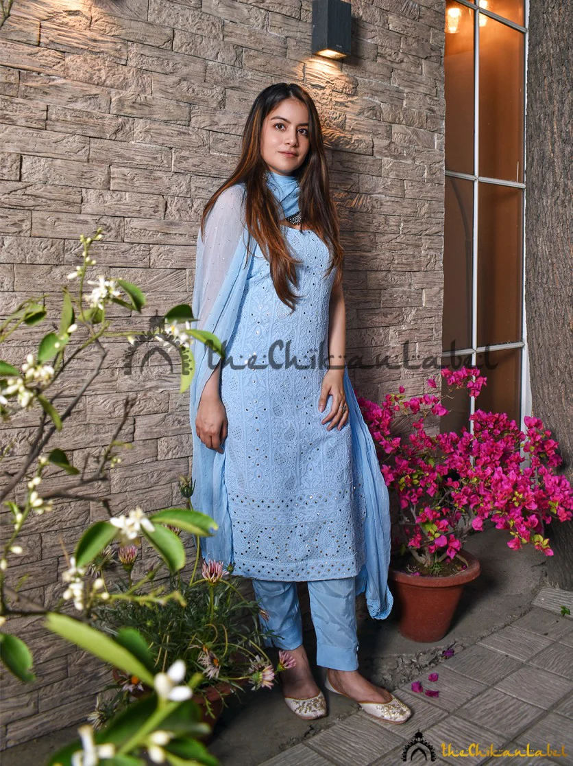 Rubina Dilaik Sukoon Viscose Chikankari Strappy Kurta Set - Powder Blue - Image 7