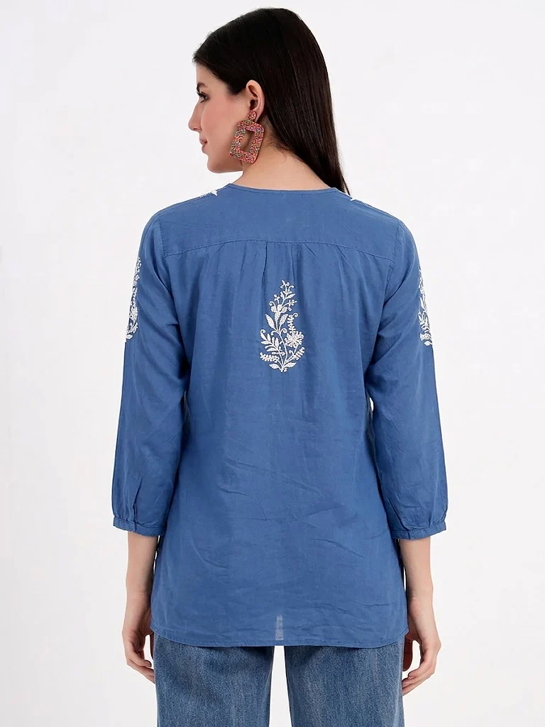 Rutvi Mulmul Cotton Chikankari Top - Blue - Image 2