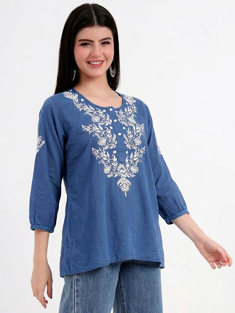 Rutvi Mulmul Cotton Chikankari Top - Blue - Image 3