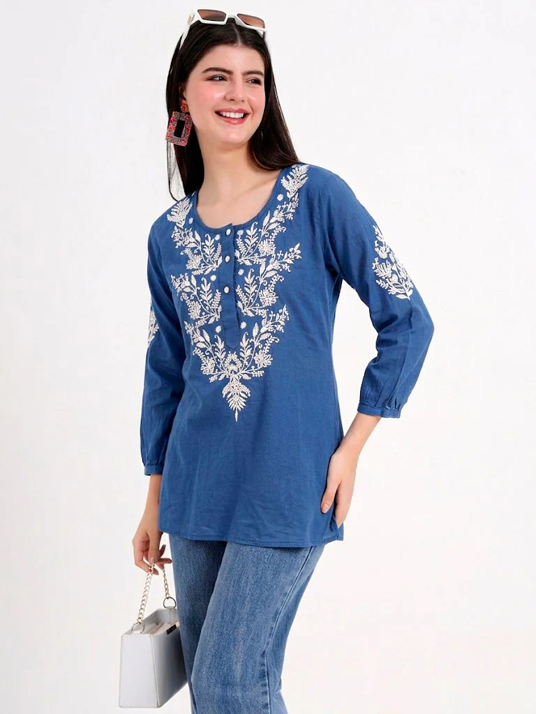 Rutvi Mulmul Cotton Chikankari Top - Blue - Image 4