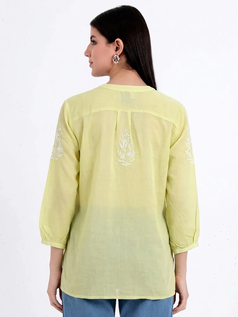 Rutvi Mulmul Cotton Chikankari Top - Lime Green - Image 2