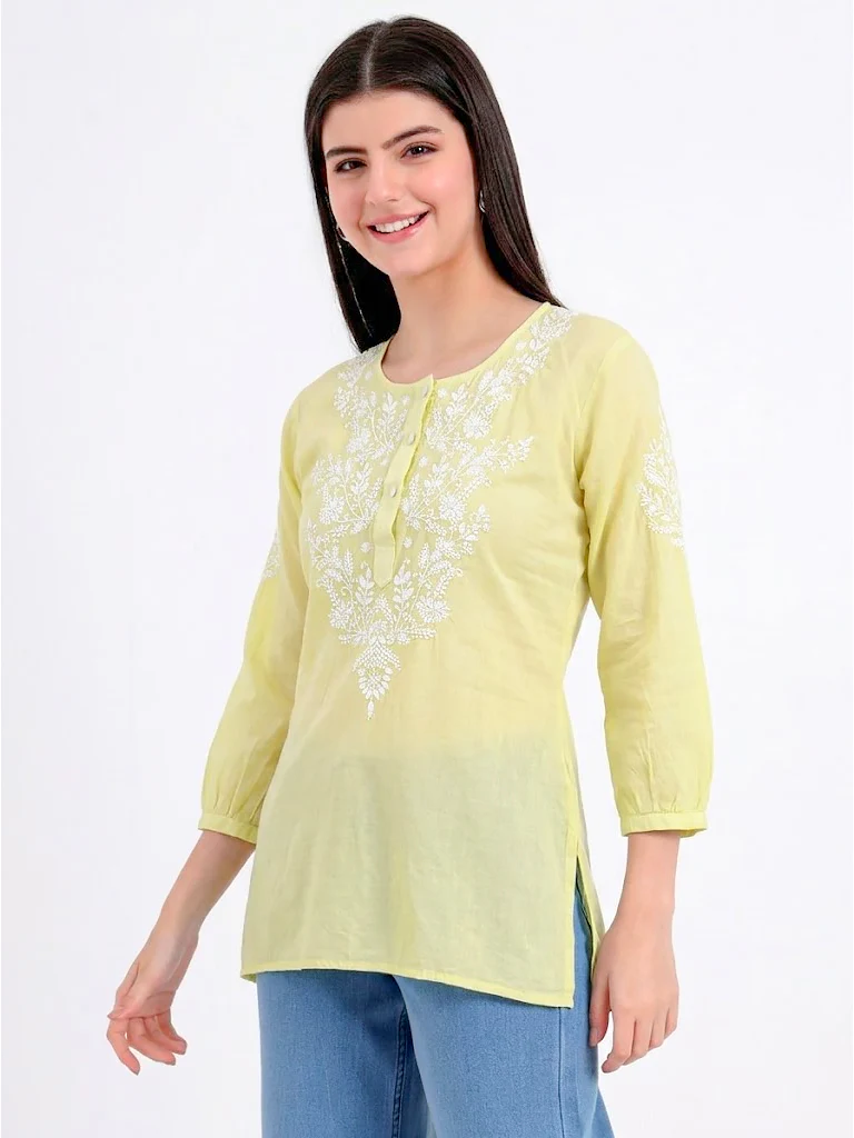 Rutvi Mulmul Cotton Chikankari Top - Lime Green - Image 3