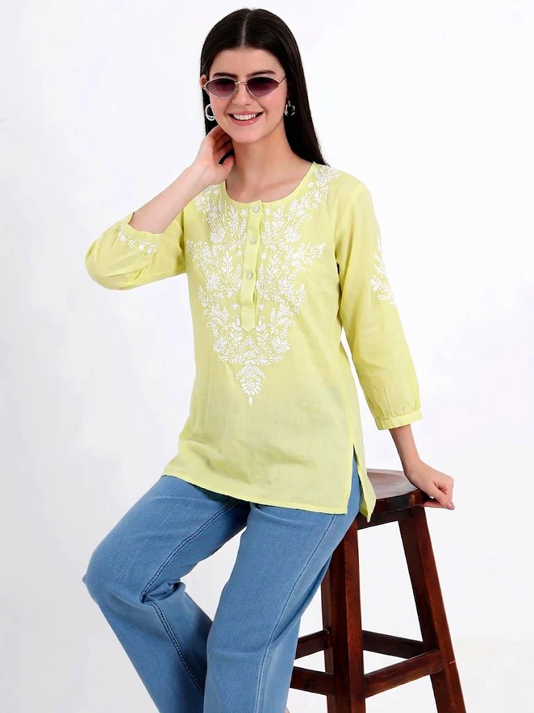 Rutvi Mulmul Cotton Chikankari Top - Lime Green - Image 4
