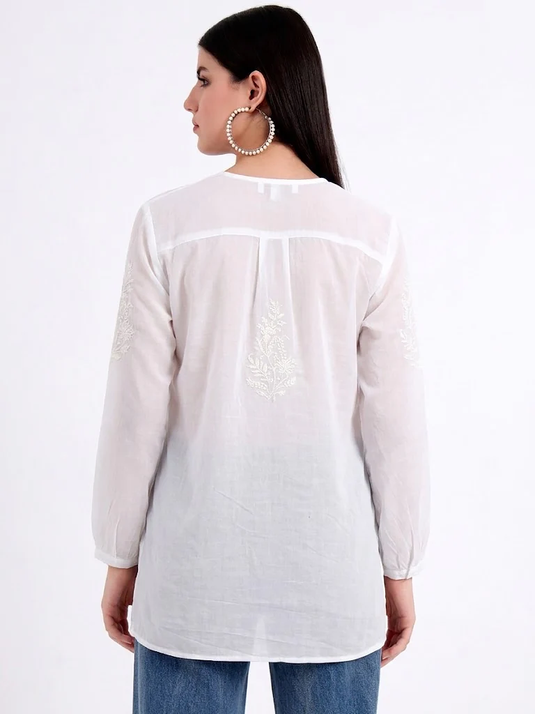 Rutvi Mulmul Cotton Chikankari Top - White - Image 2