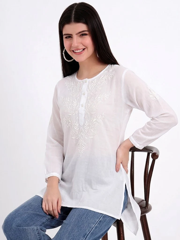 Rutvi Mulmul Cotton Chikankari Top - White - Image 3