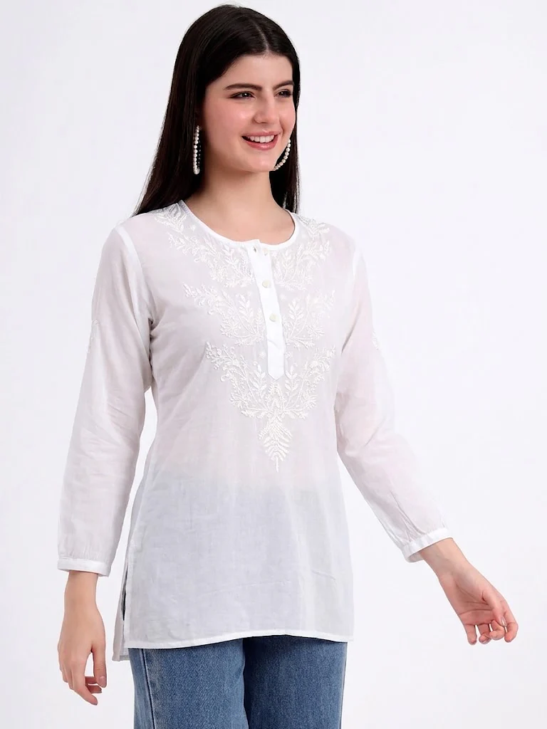 Rutvi Mulmul Cotton Chikankari Top - White - Image 4