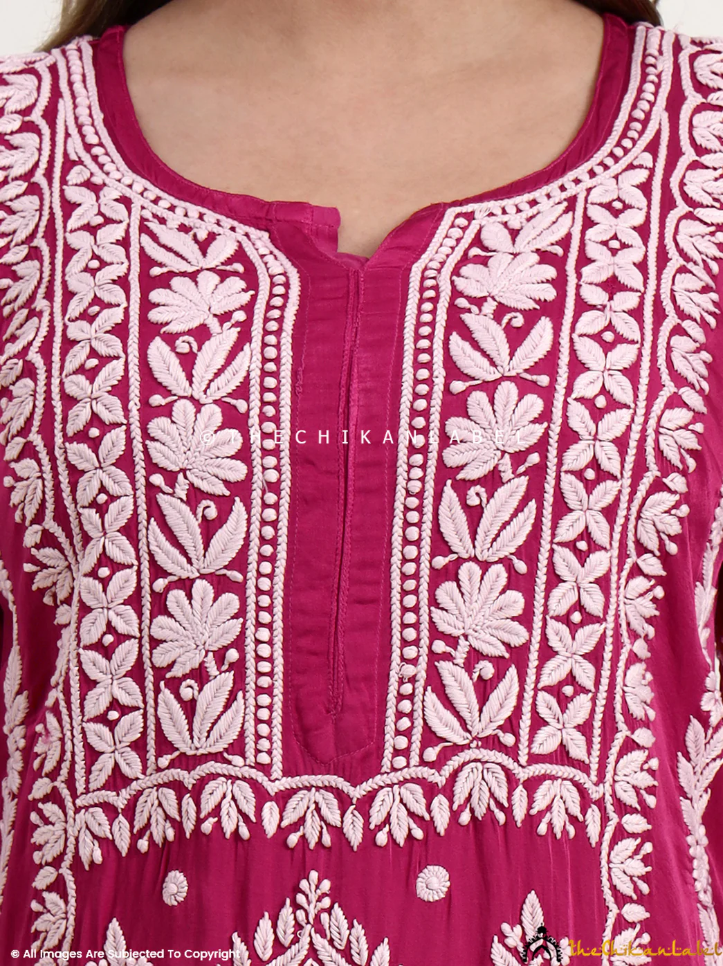 Sadia Satin Modal Chikankari Kurta Set - Hot Pink - Image 2