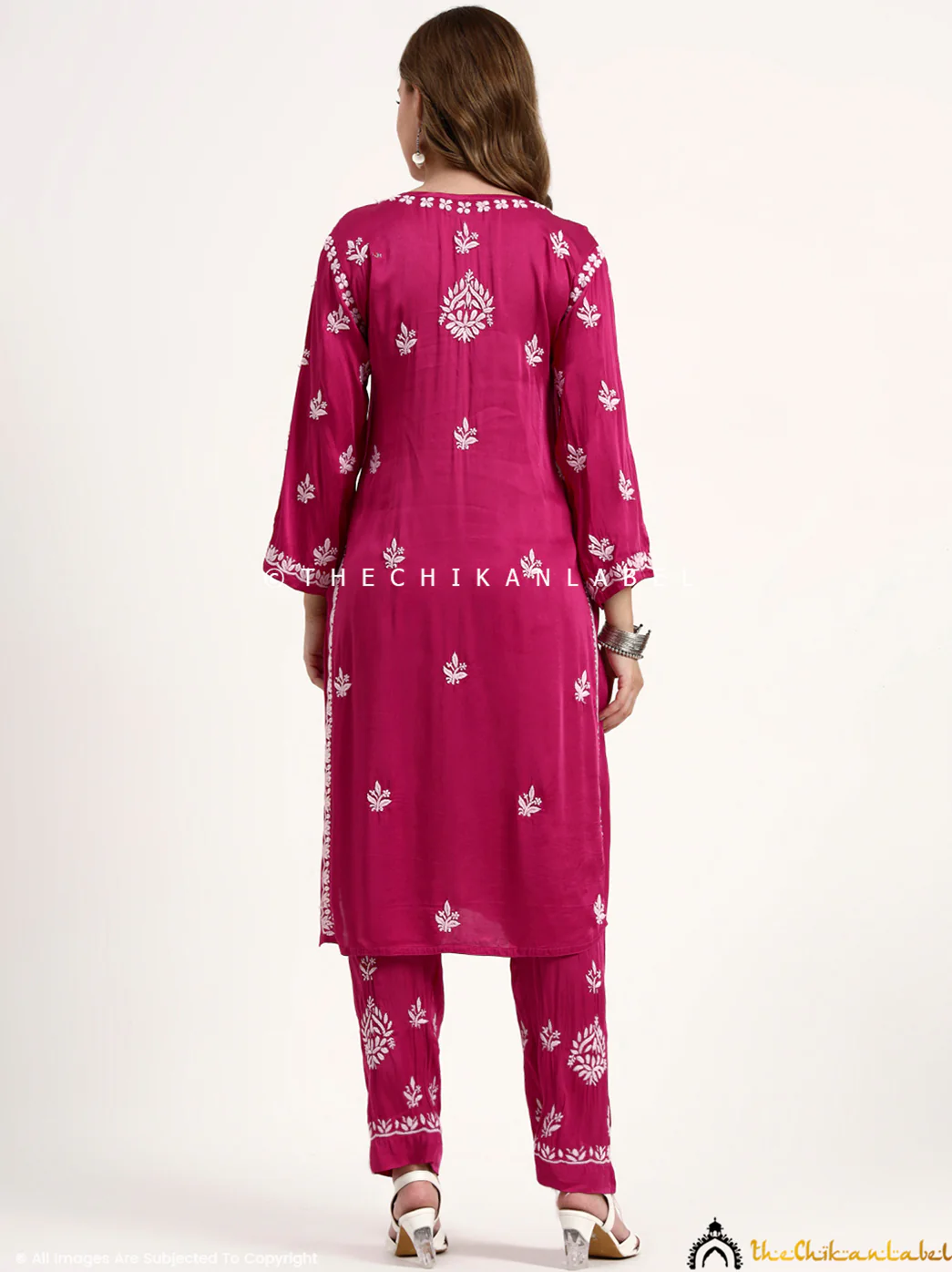 Sadia Satin Modal Chikankari Kurta Set - Hot Pink - Image 3