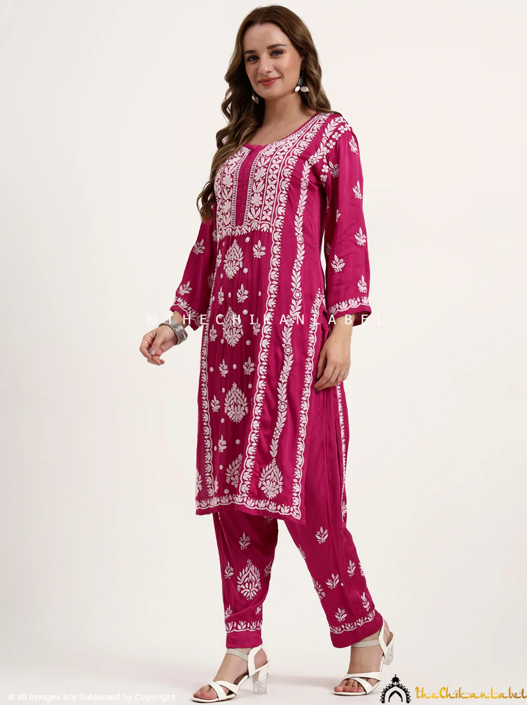 Sadia Satin Modal Chikankari Kurta Set - Hot Pink - Image 4