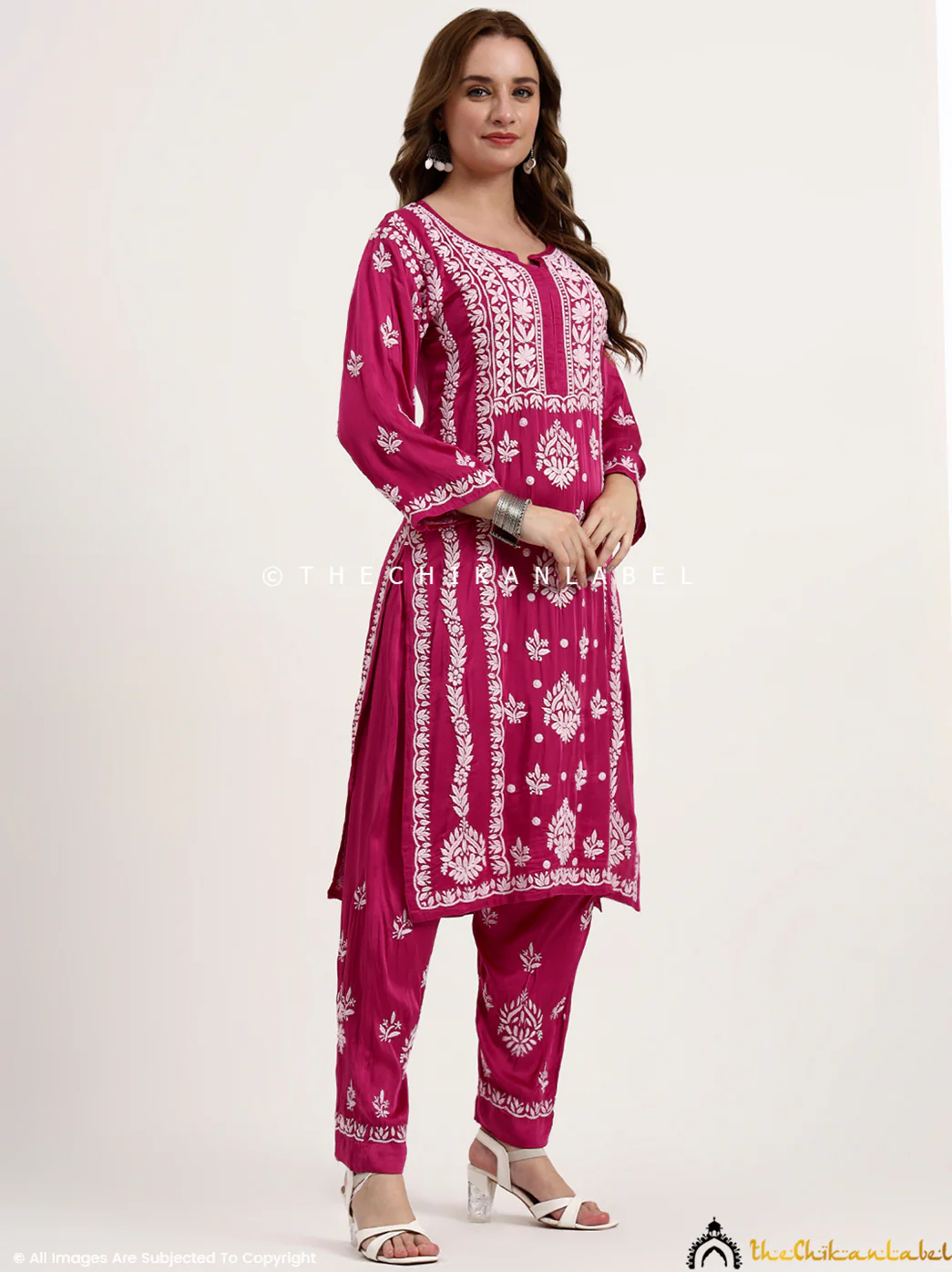 Sadia Satin Modal Chikankari Kurta Set - Hot Pink - Image 5
