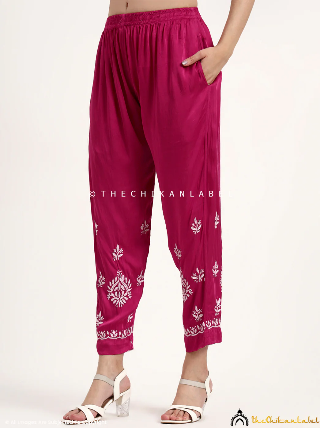 Sadia Satin Modal Chikankari Kurta Set - Hot Pink - Image 6