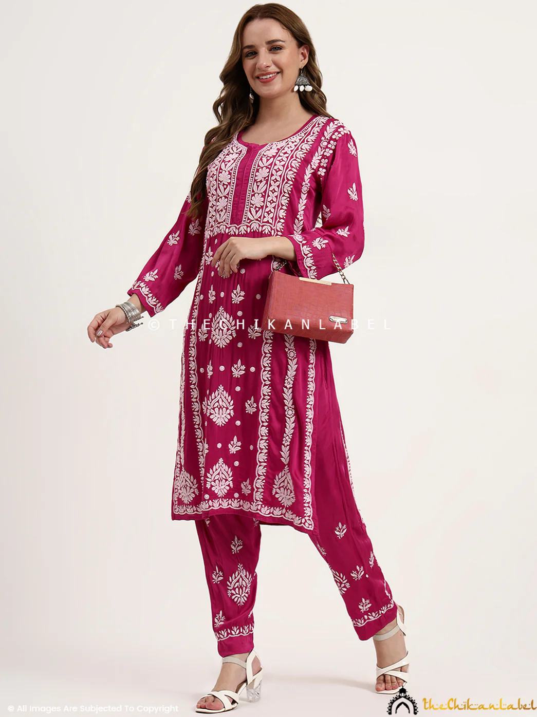 Sadia Satin Modal Chikankari Kurta Set - Hot Pink - Image 7