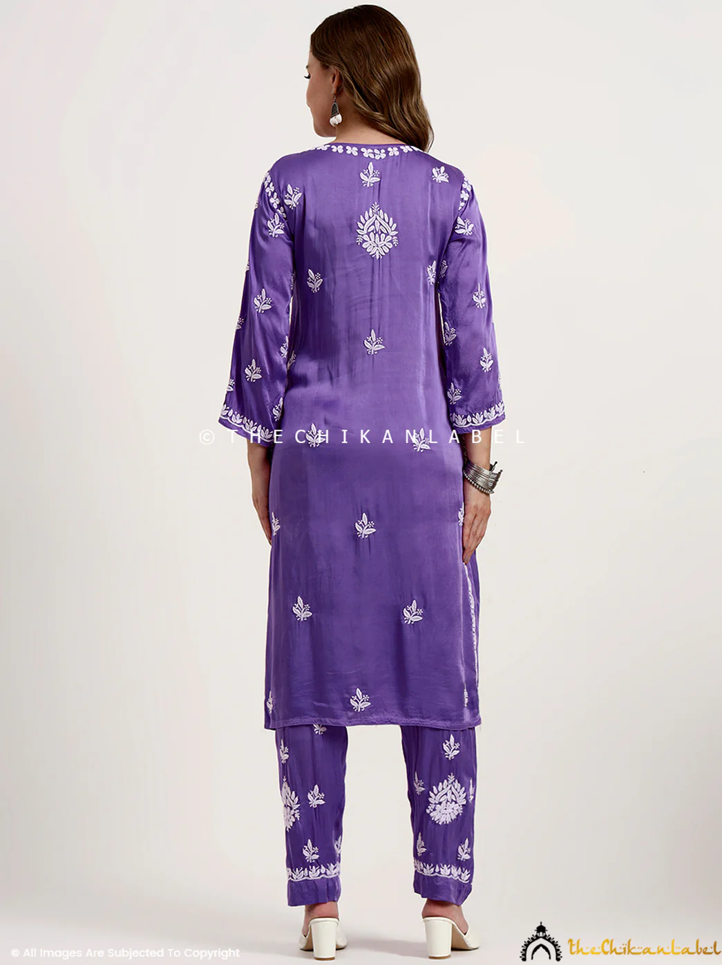 Sadia Satin Modal Chikankari Kurta Set - Lavender - Image 3