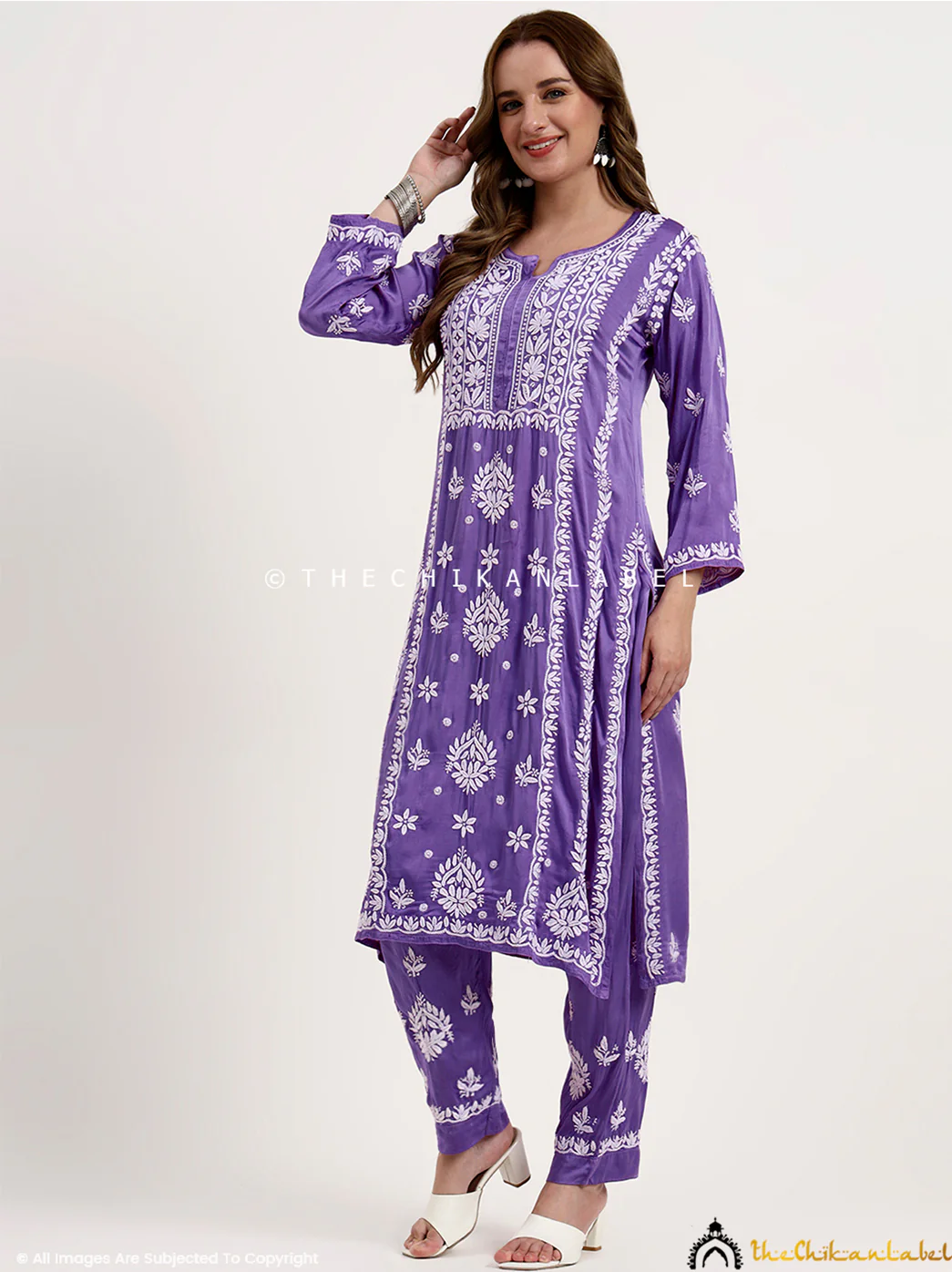 Sadia Satin Modal Chikankari Kurta Set - Lavender - Image 4