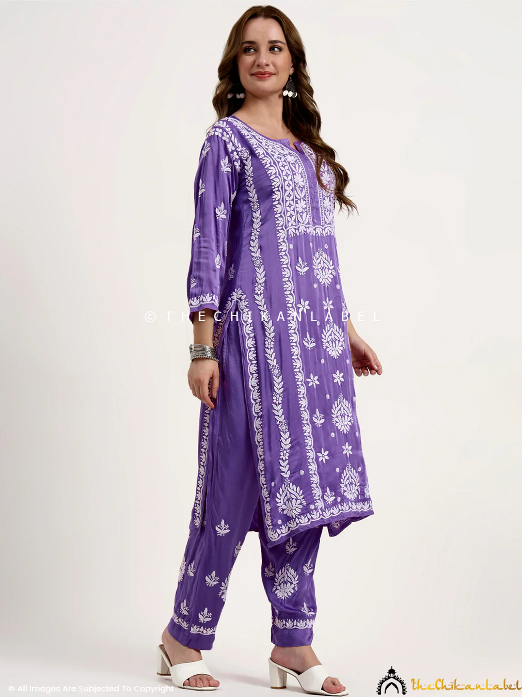 Sadia Satin Modal Chikankari Kurta Set - Lavender - Image 5