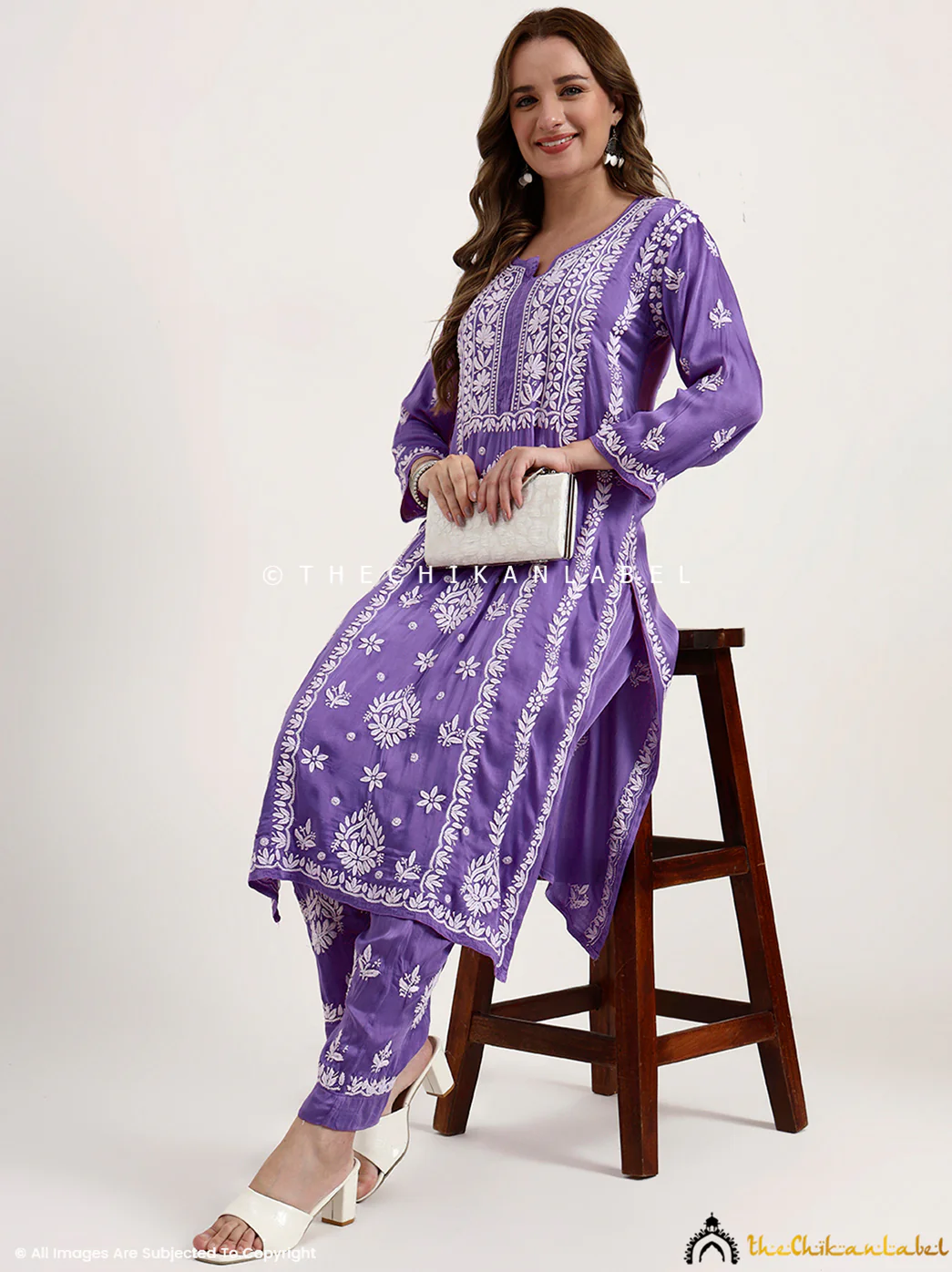 Sadia Satin Modal Chikankari Kurta Set - Lavender - Image 6
