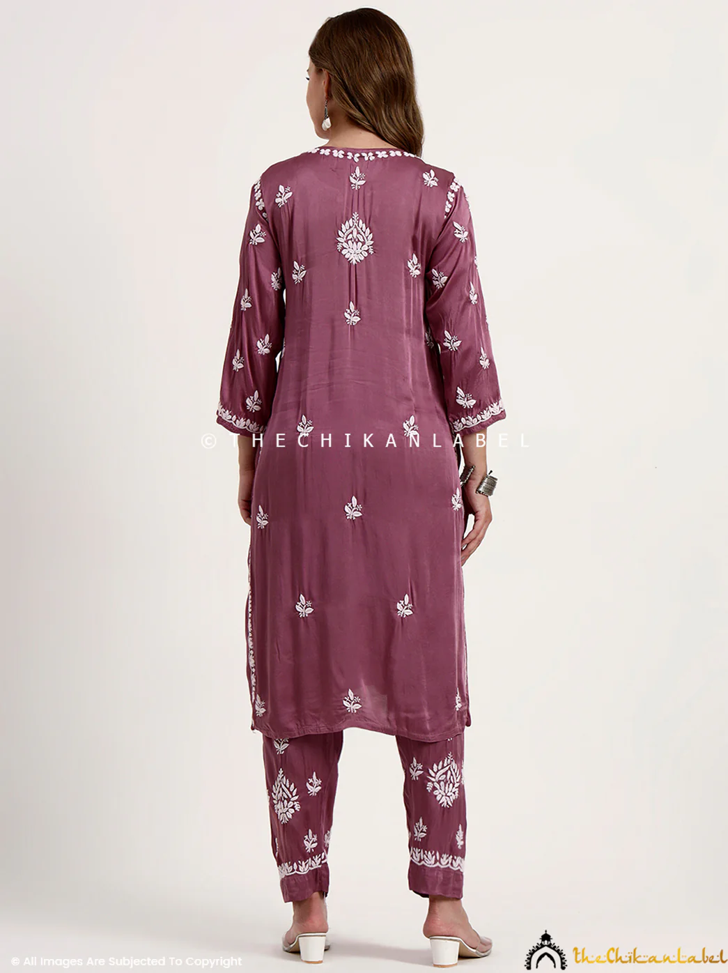 Sadia Satin Modal Chikankari Kurta Set - Mauve - Image 3