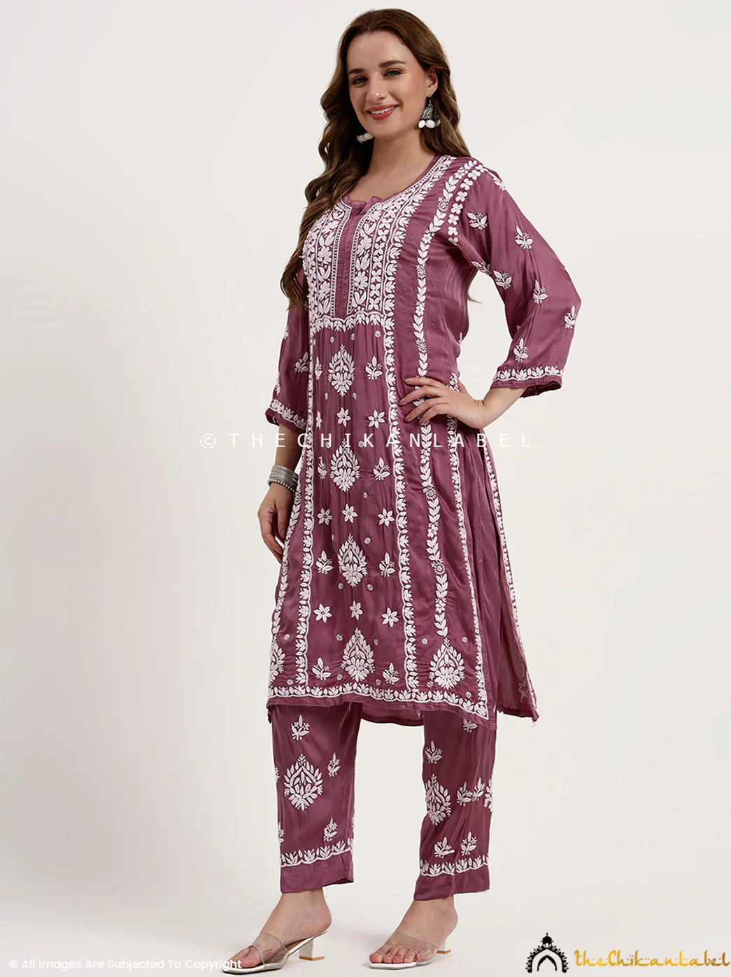 Sadia Satin Modal Chikankari Kurta Set - Mauve - Image 4