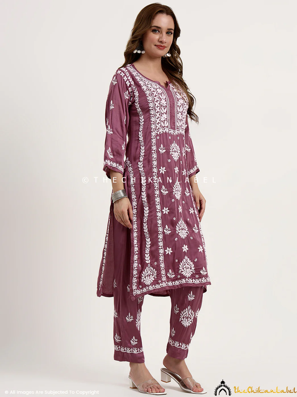 Sadia Satin Modal Chikankari Kurta Set - Mauve - Image 5