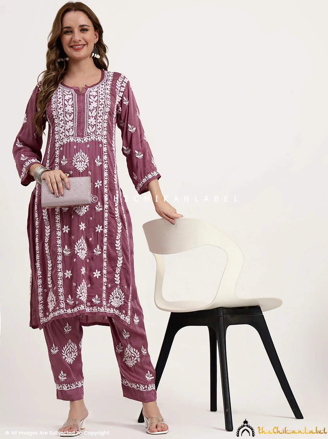 Sadia Satin Modal Chikankari Kurta Set - Mauve - Image 6