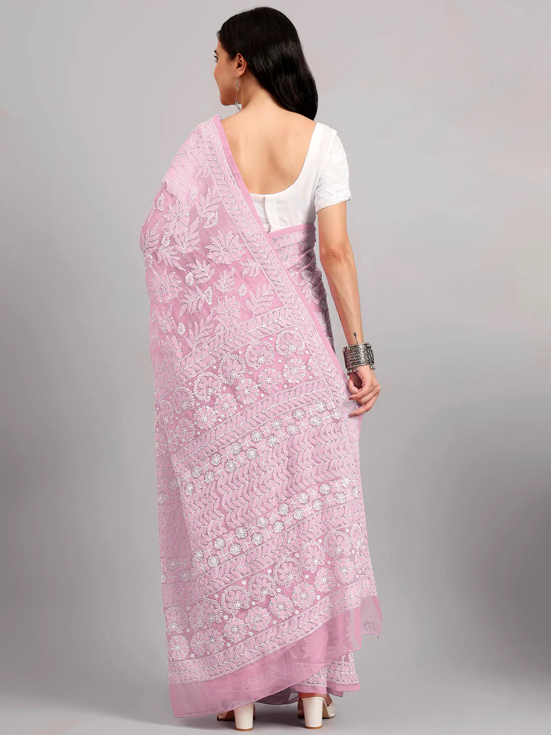 Sahida Authentic Chikankari Full Jaal Saree - Baby Pink - Image 2