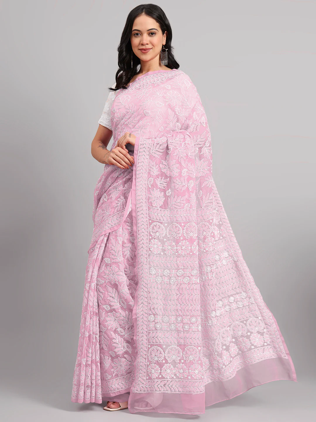 Sahida Authentic Chikankari Full Jaal Saree - Baby Pink - Image 4