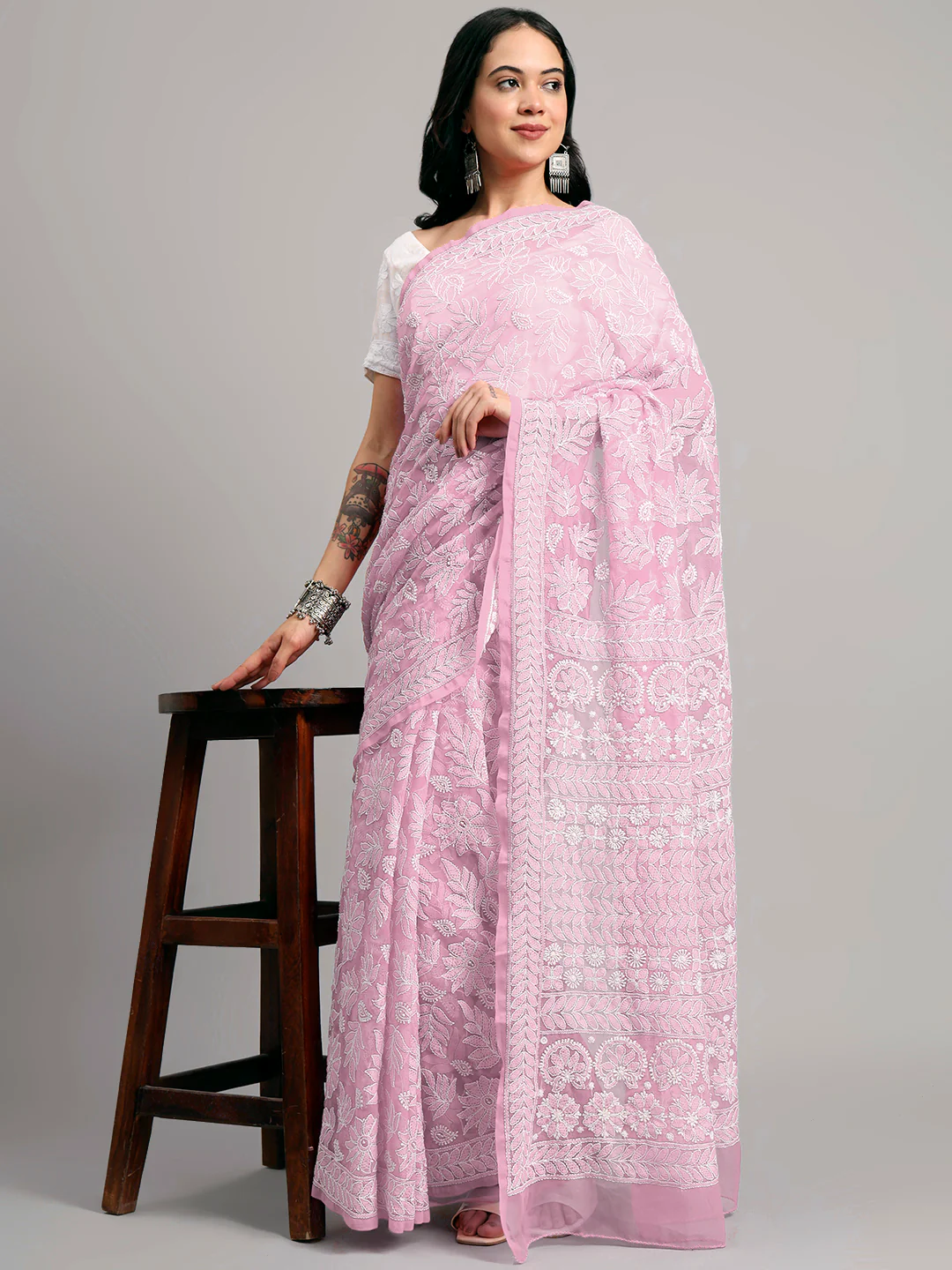 Sahida Authentic Chikankari Full Jaal Saree - Baby Pink - Image 5