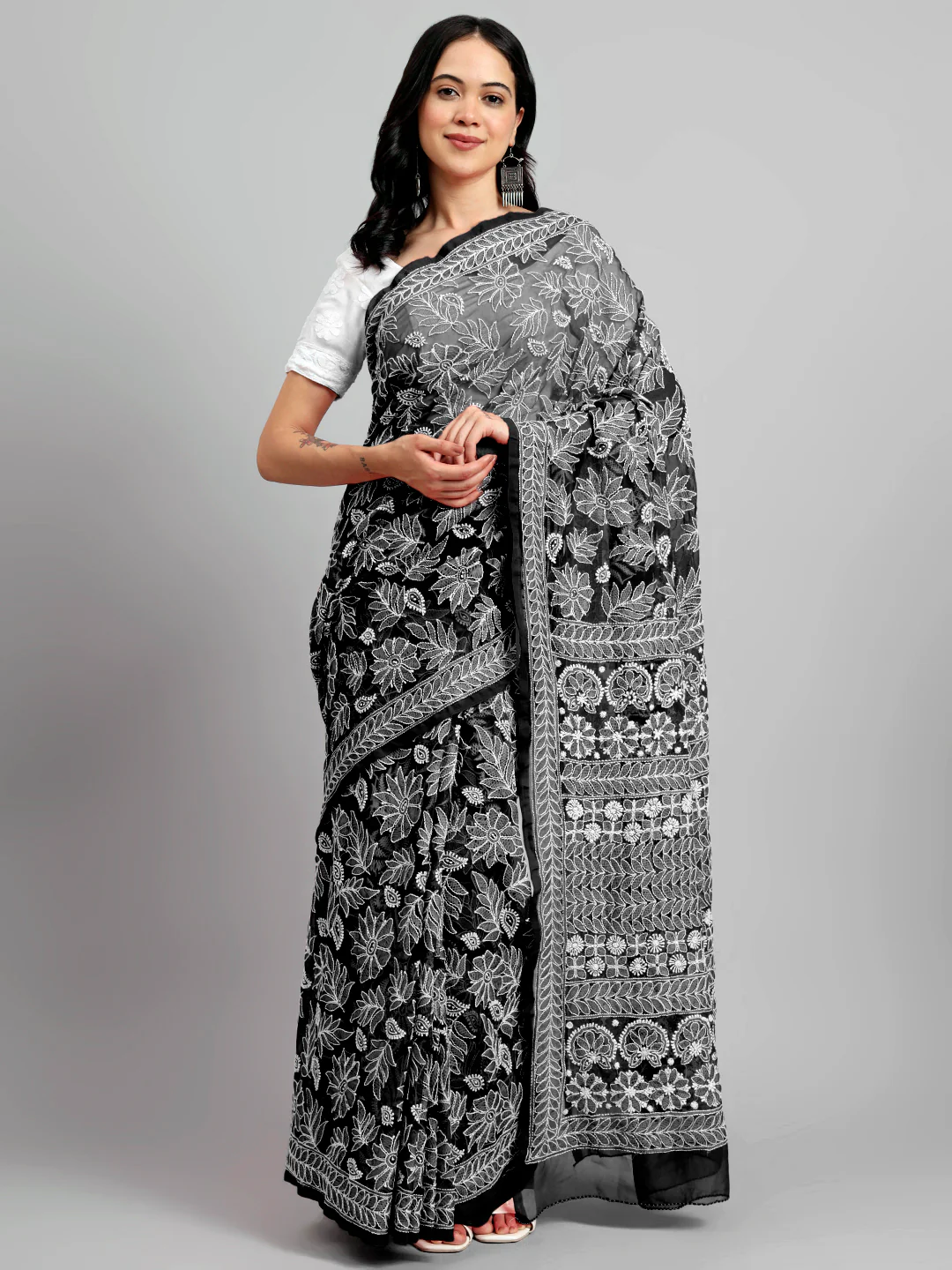 Sahida Authentic Chikankari Full Jaal Saree - Black
