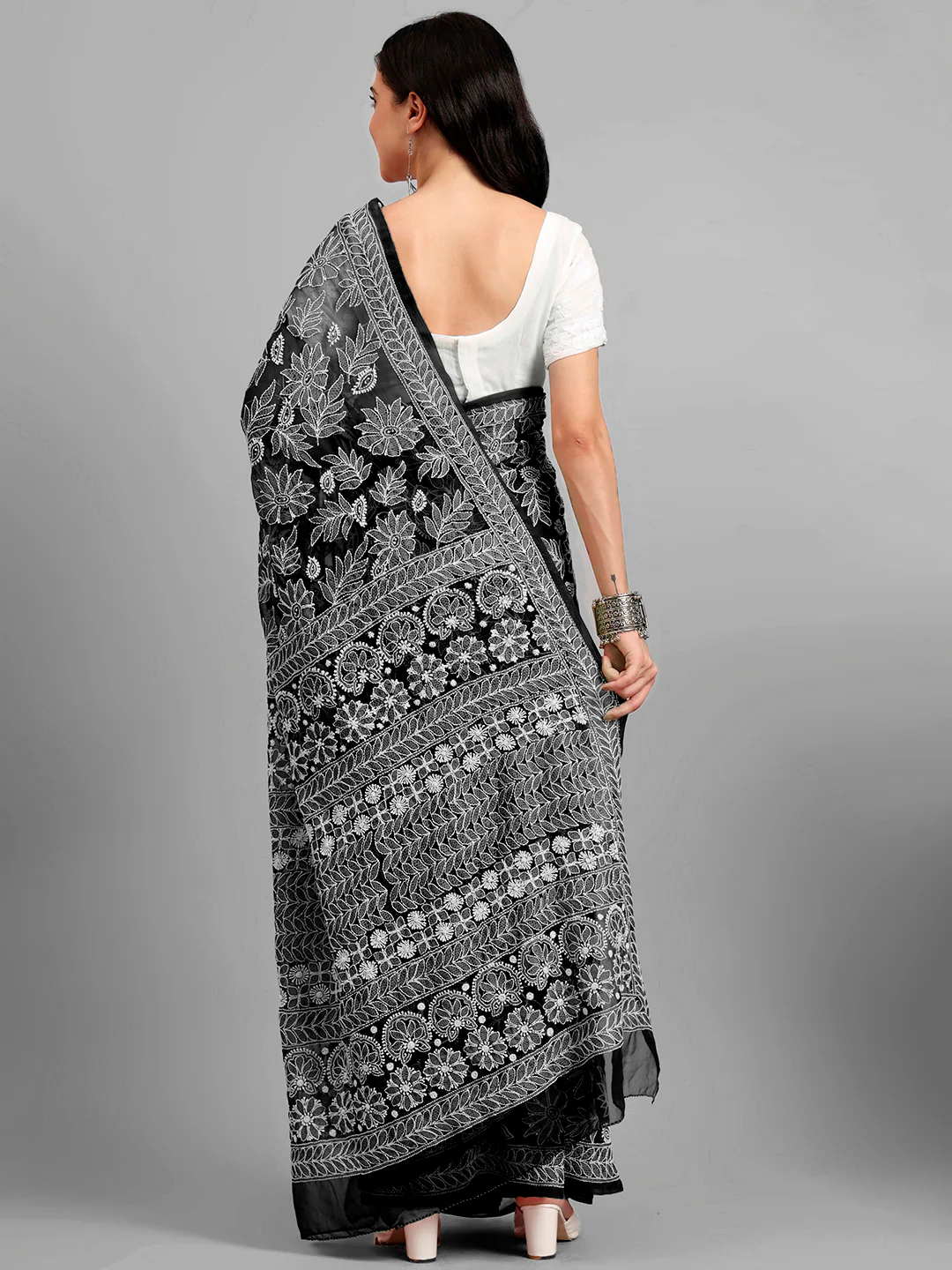 Sahida Authentic Chikankari Full Jaal Saree - Black - Image 2