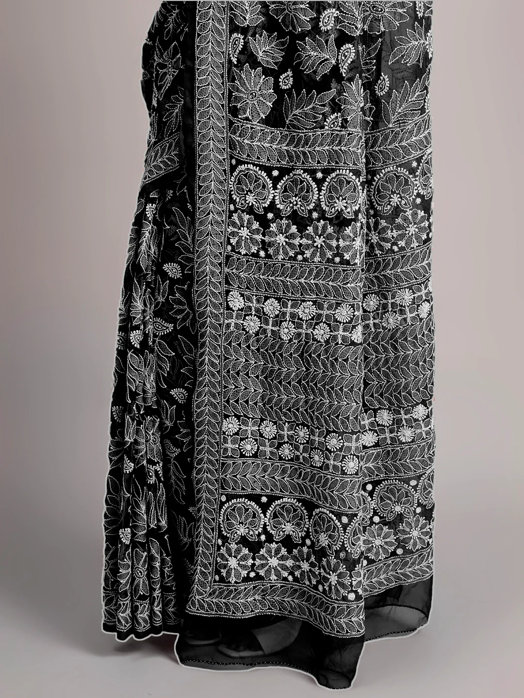 Sahida Authentic Chikankari Full Jaal Saree - Black - Image 3