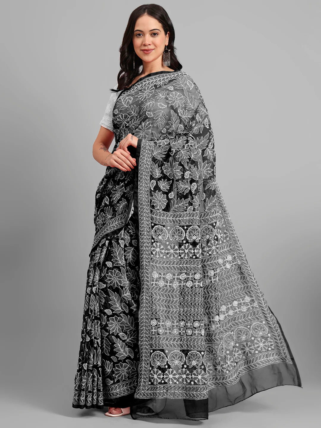 Sahida Authentic Chikankari Full Jaal Saree - Black - Image 4