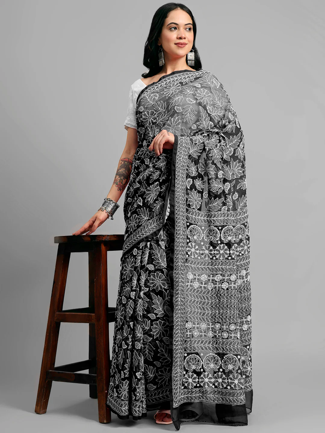 Sahida Authentic Chikankari Full Jaal Saree - Black - Image 5