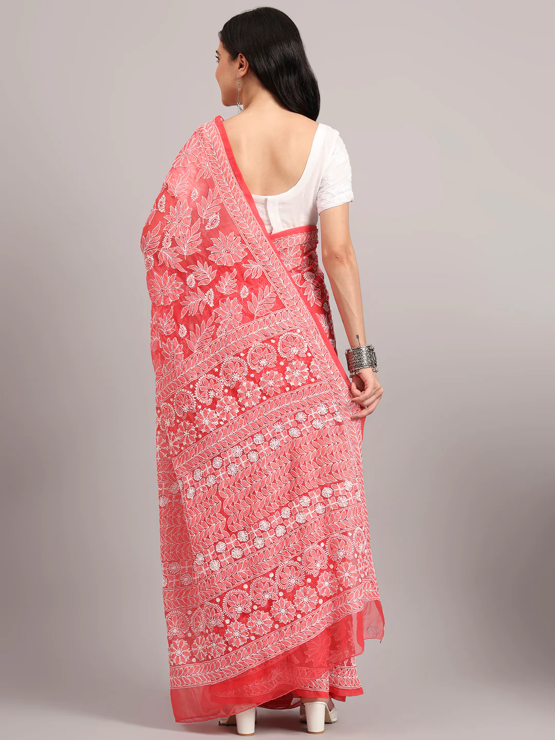 Sahida Authentic Chikankari Full Jaal Saree - Coral - Image 2