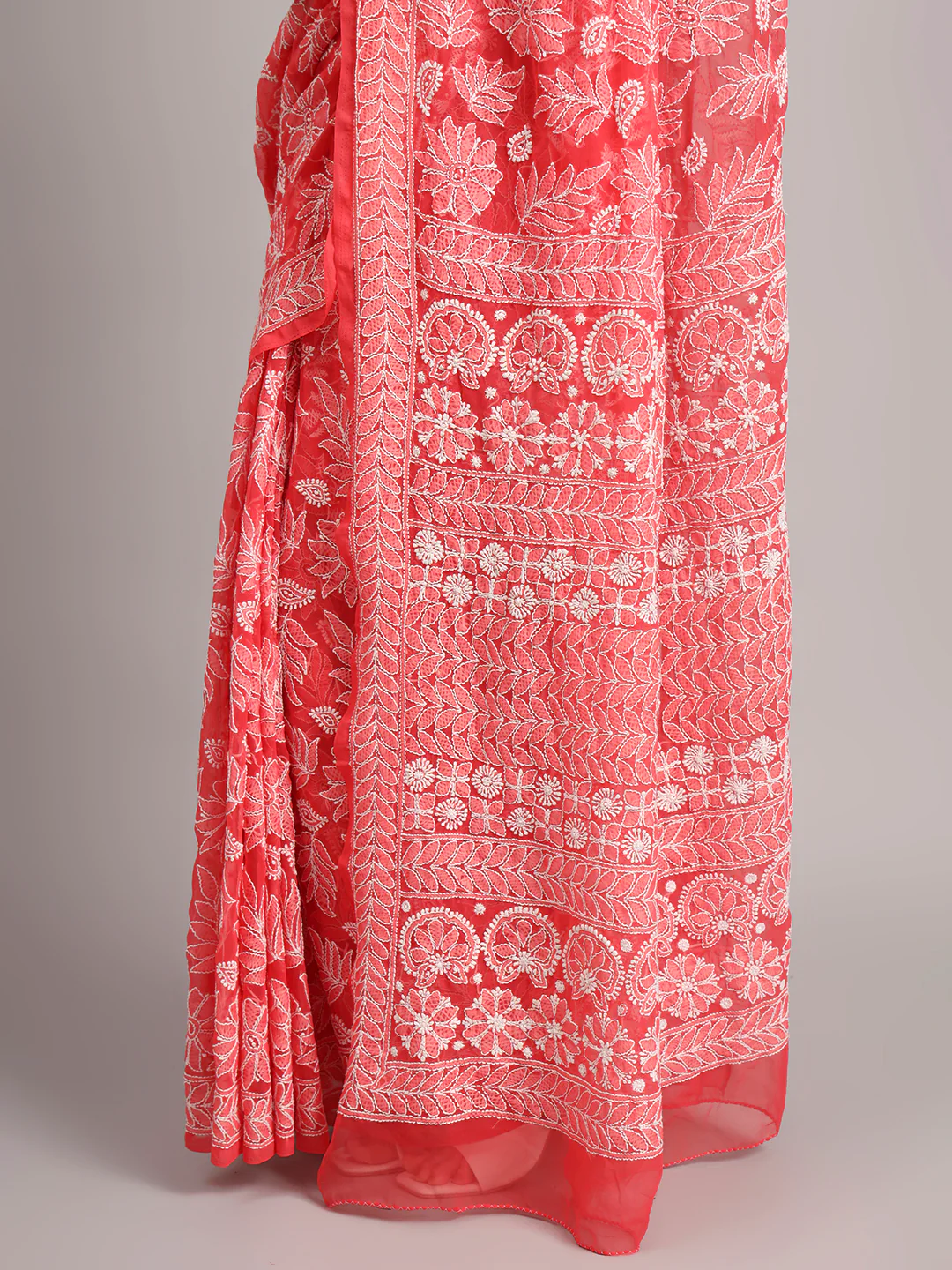 Sahida Authentic Chikankari Full Jaal Saree - Coral - Image 3