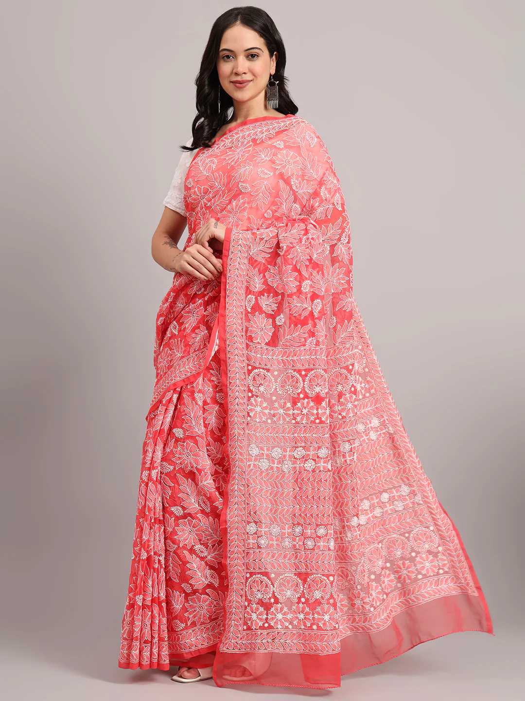 Sahida Authentic Chikankari Full Jaal Saree - Coral - Image 4