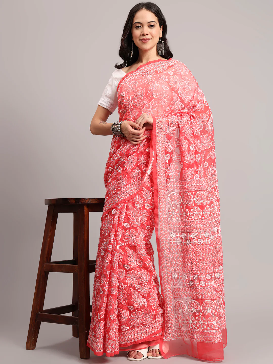Sahida Authentic Chikankari Full Jaal Saree - Coral - Image 5